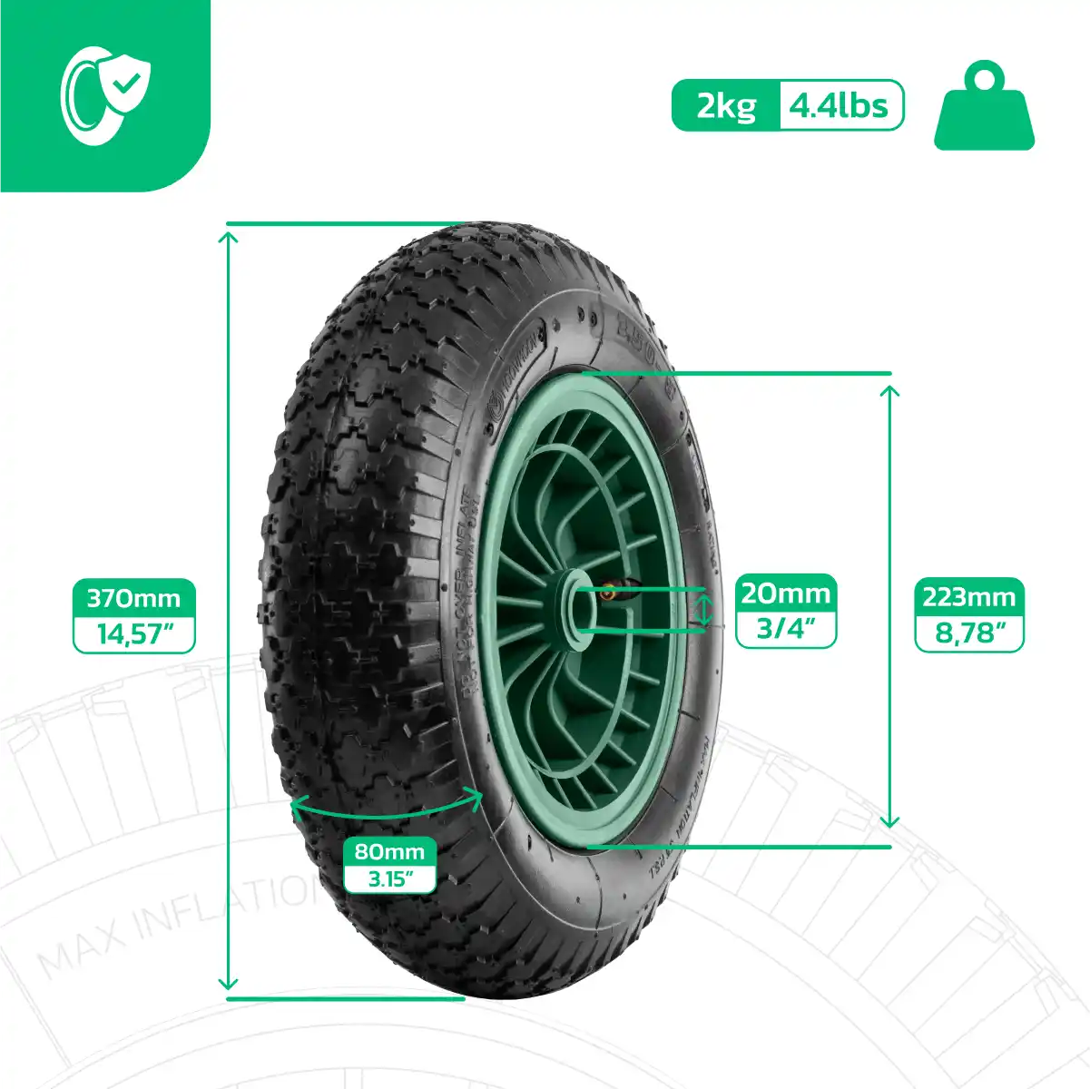 Reifen für Wagen 3.50-8 Felge aus PVC Bohrung 20mm