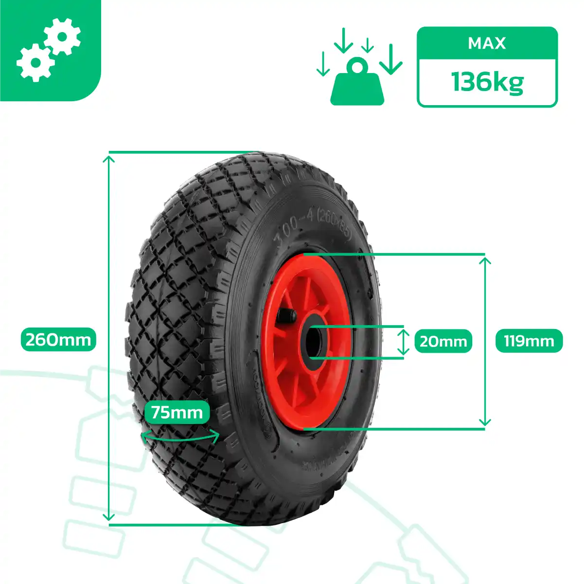 Rad 3.00-4 Felge PVC Bohrung 20mm Gartenwagen
