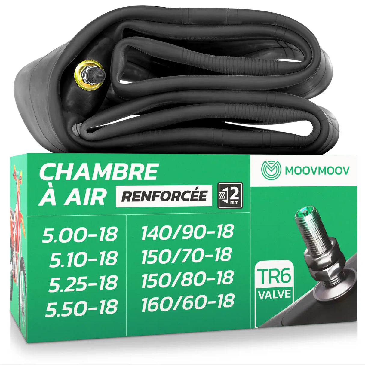 Chambre à air 18 pouces MoovMoov pour pneus de 5.00-18 à 160/60-18, valve Schrader TR6