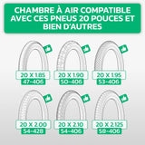 Tableau de compatibilité des tailles de pneus et ETRTO – chambre à air 20 pouces MoovMoov